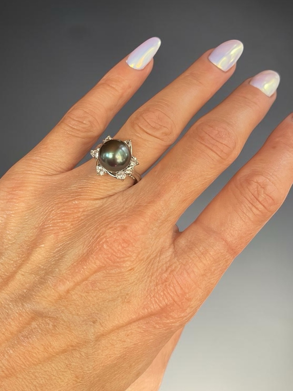 Vintage Faux Tahitian Pearl Crystal Halo Statement Ring Size 6